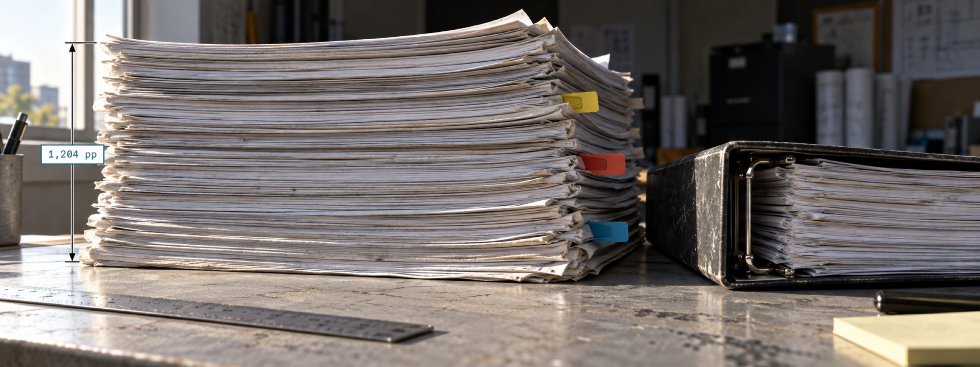 A 1,204-page bid set stacked beside a spec binder