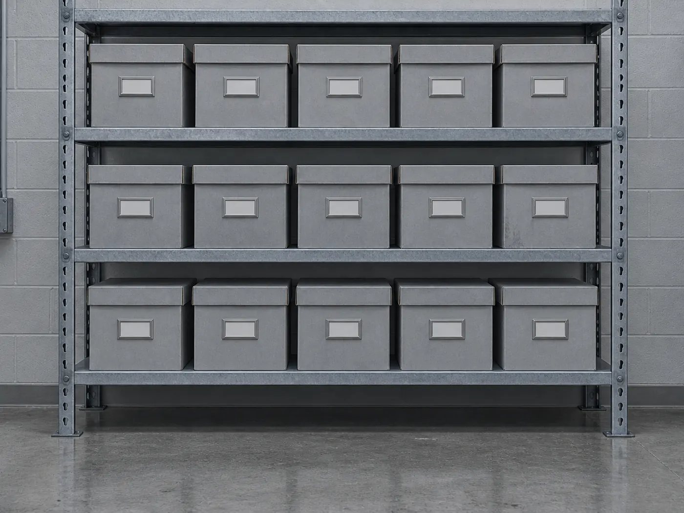Closed archive boxes on steel shelving