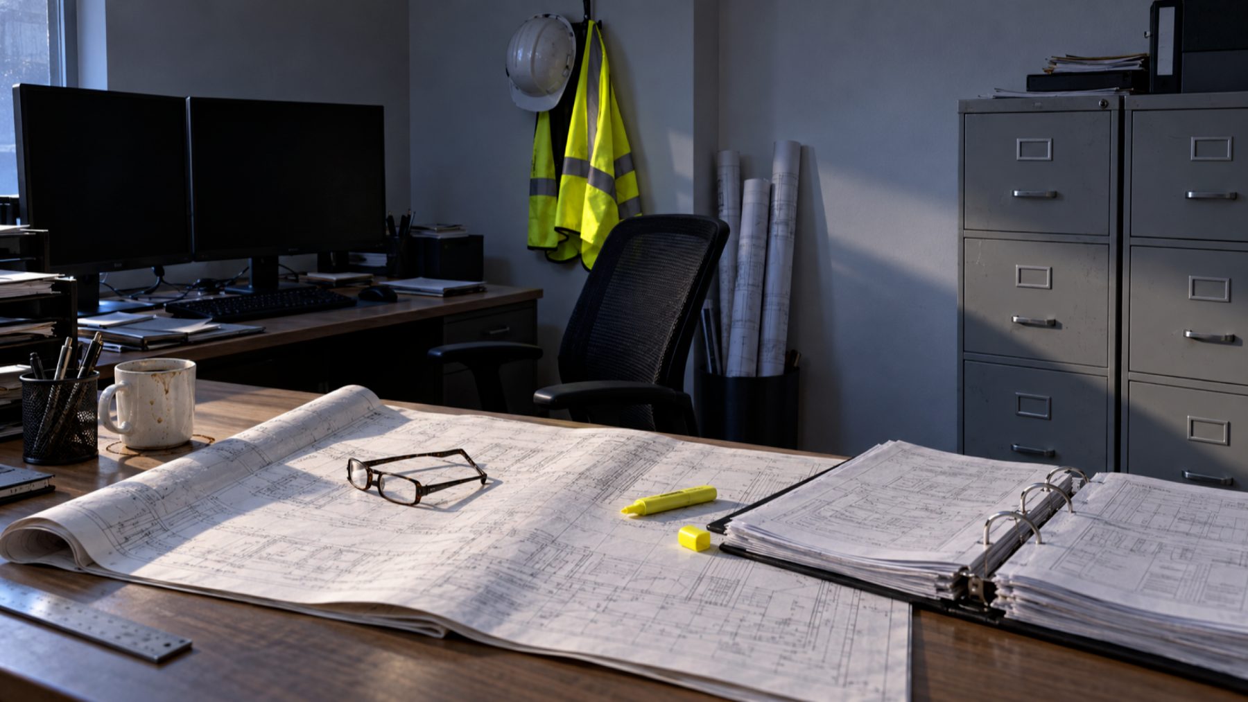 Estimating office at first light, drawing set open on the table