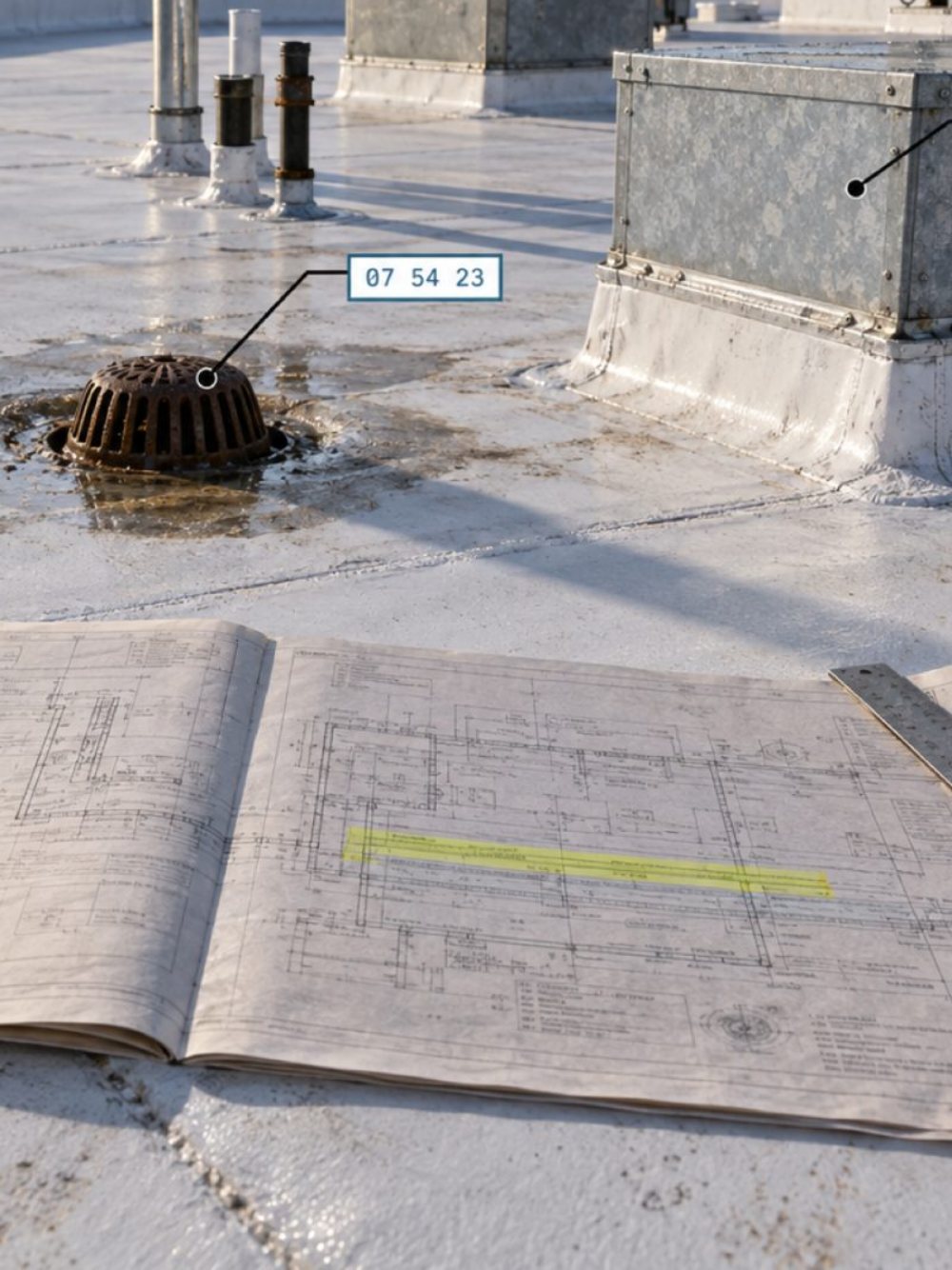 Roof drain called out as spec section 07 54 23, with the matching requirement highlighted on the plan