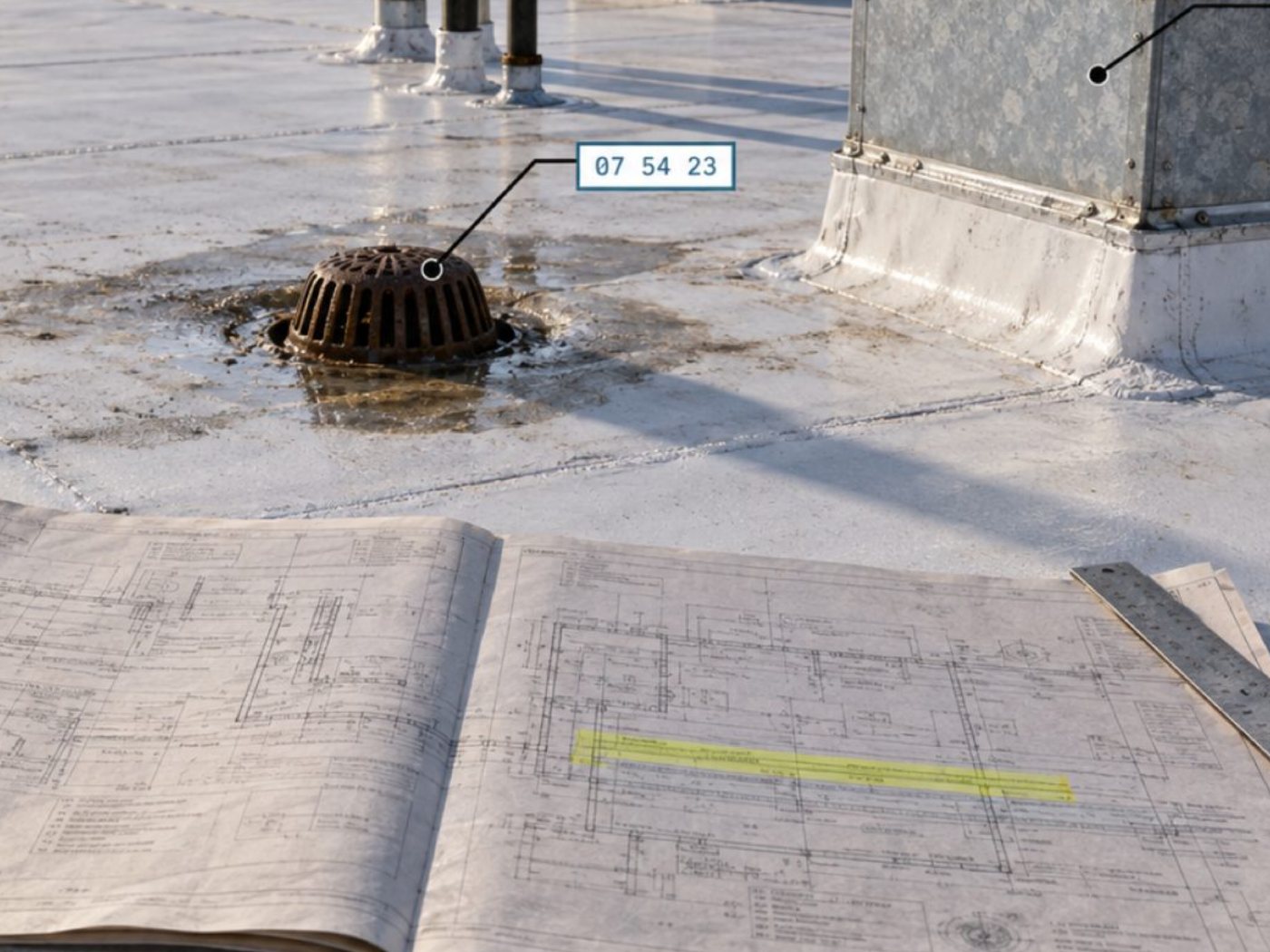 Roof drain called out as spec section 07 54 23, with the matching requirement highlighted on the drawing set