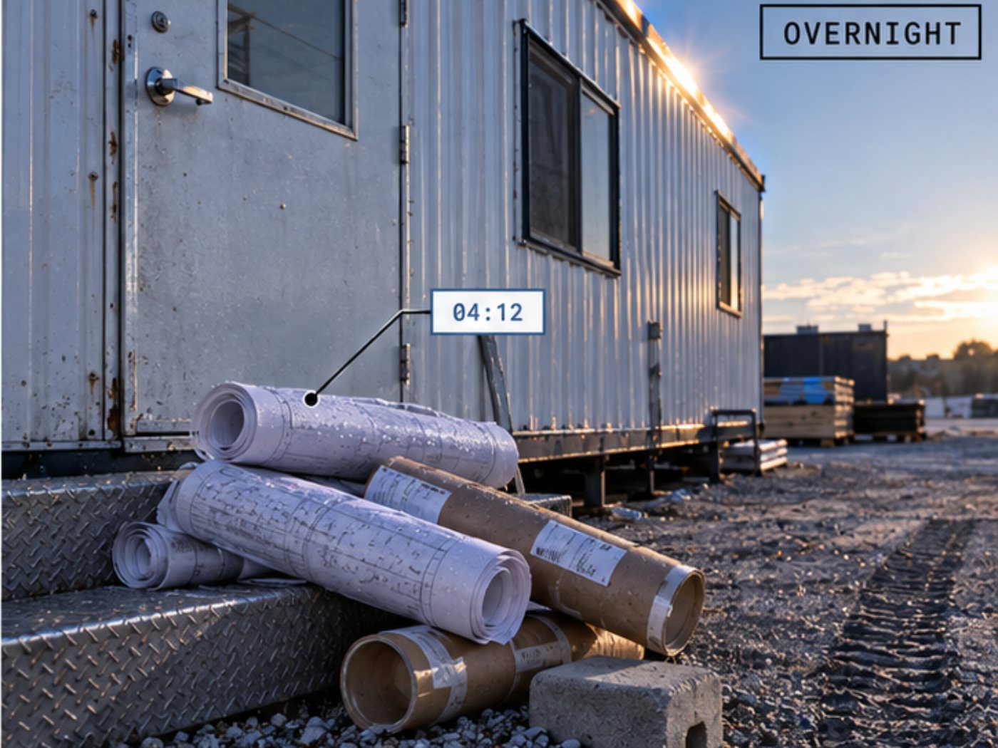 Bid drawings delivered overnight at a jobsite trailer, timestamped 04:12