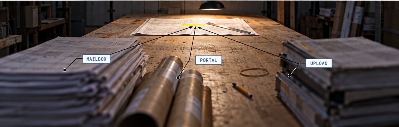 Three intake routes on an estimating table: a mailbox stack, portal rolls and an upload pile